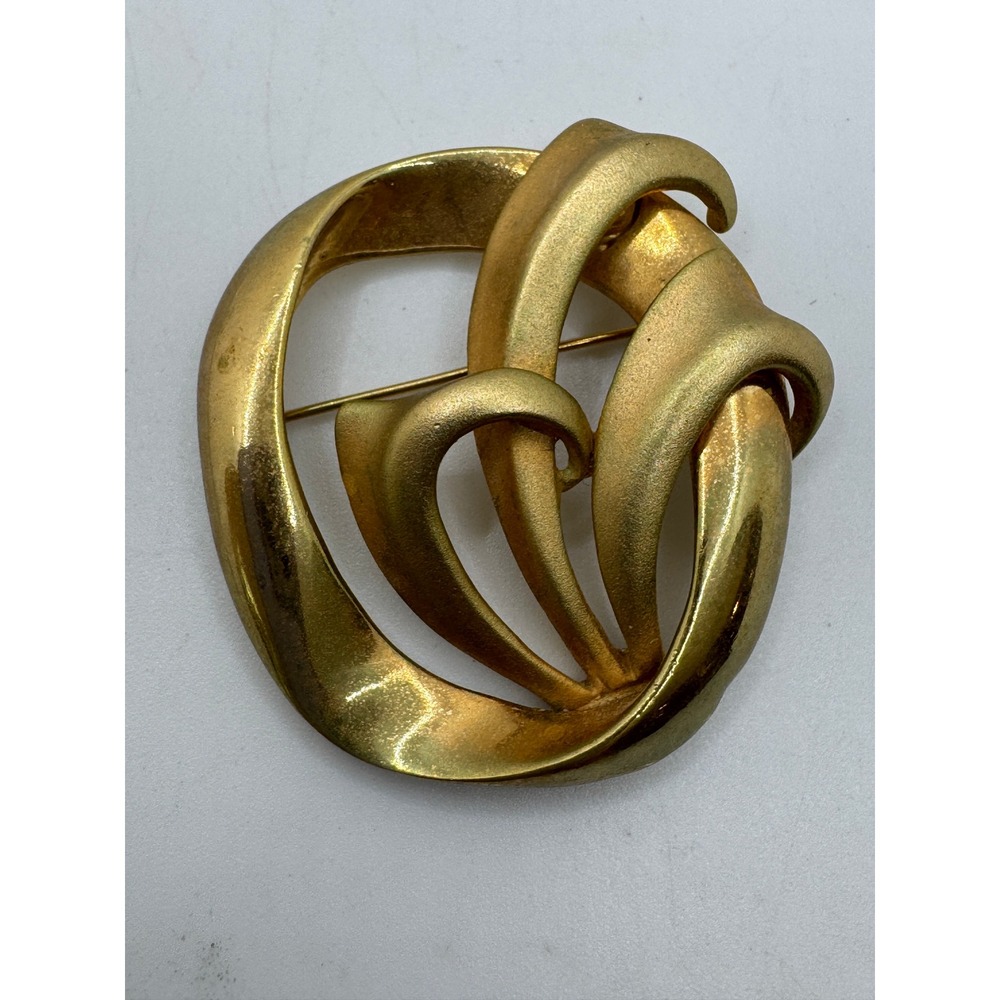 Vintage Gold Tone Abstract Swirl Brooch Brushed Satin Sculptural Pin Large